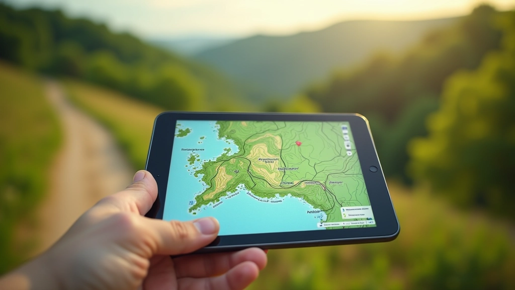 Skaitmeninis žemėlapio ekranas nešiamajame kompiuteryje gamtos fone, modernus planavimas